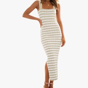 Tan and White Ribbed Sleeveless Midi Dress